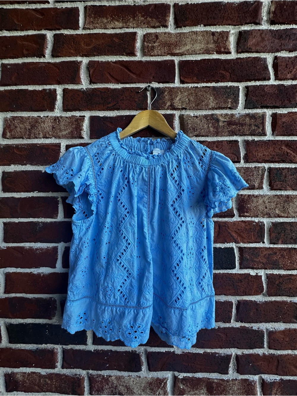 Blue Eyelet Ruffle Sleeve Blouse